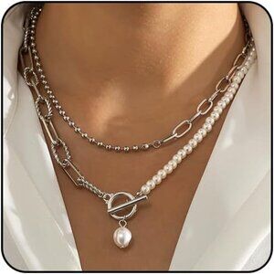 🆕 Women Silver Pearl Pendant Necklace Layered Tarnish Paperclip Stack Jewelry